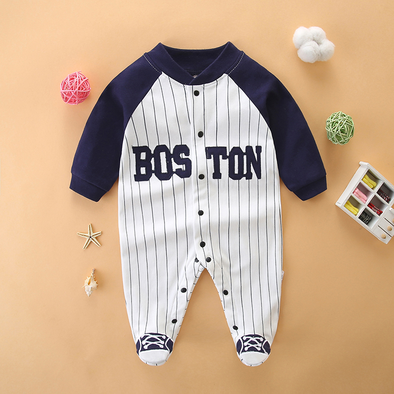 婴儿包脚棒球服连体衣纯棉长袖