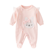 新生婴幼儿女宝宝春秋装 连体衣包脚长袖 纯棉可爱粉色卡通绣花兔子
