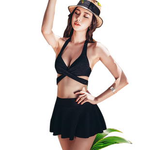 三奇新款比坚尼感分体裙式大小胸聚拢韩国黑白色显瘦泡温泉游泳装