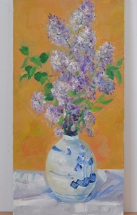 手绘原创中式自制高端蓝色丁香花卉装饰静物油画布作品过道客餐厅