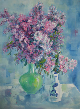 现代简约手绘花卉自制油画作品新中式装饰壁画欧式客餐厅玄关拍卖