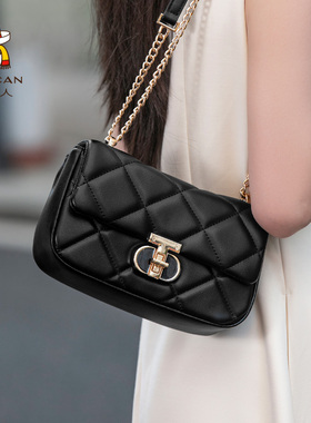 情人节礼物稻草人包包女新款百搭牛皮菱格链条单肩真皮斜挎包女包