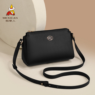 稻草人包包女时尚休闲黑色中年女款单肩包高级感妈妈款牛皮斜挎包