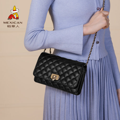 稻草人包包女秋冬牛皮新款小香风腋下单肩包斜挎包小方包真皮女包