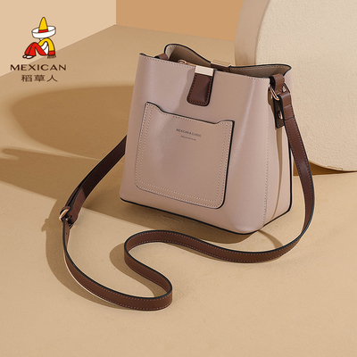 稻草人包包女包新款时尚牛皮水桶包大容量通勤百搭斜挎包生日礼物