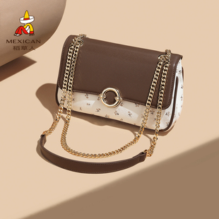 稻草人包包女士2025新款 百搭小方包通勤斜挎包质感印花链条单肩包