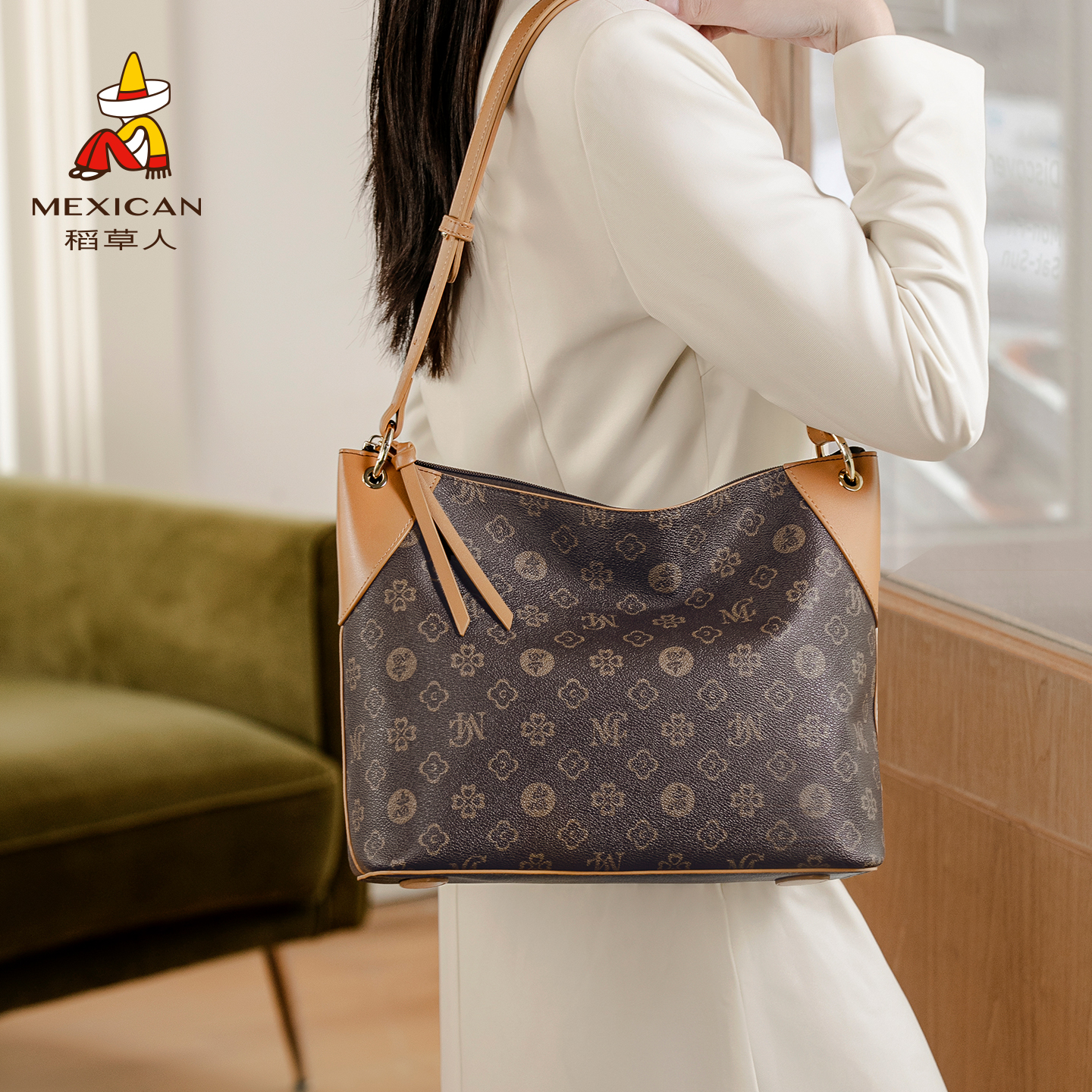 稻草人包包女式2025新款老花水桶包大容量腋下包高级感通勤托特包