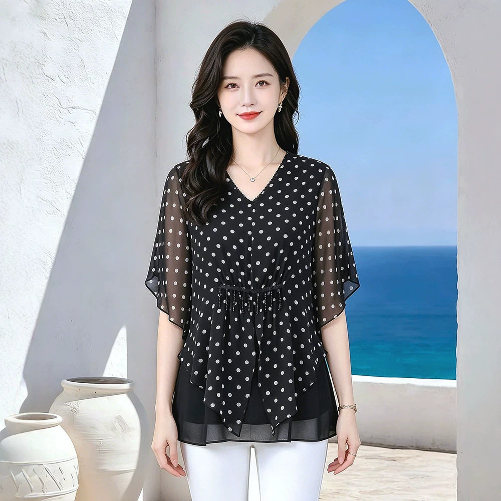 2025夏季新款波点宽松大码雪纺蝙蝠衫上衣大码胖MM妈妈休闲女装