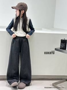 库卡图2025冬季新款女童豹纹一体绒裤儿童宽松裤子中大童阔腿裤