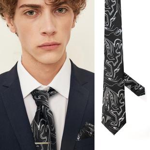 抽象派黑白线条艺术真丝领带男黑色设计感桑蚕丝条纹手打商务tie