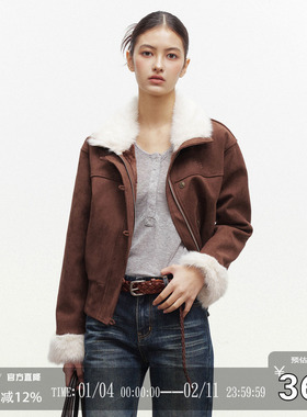 CODICE LAB 撞色翻领仿麂皮毛毛皮毛一体夹克外套保暖上衣秋冬季