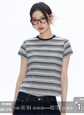 CODICE 夏季复古条纹毛织正肩圆领小LOGO短袖T恤修身显瘦上衣女