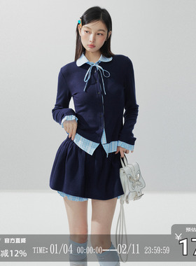 CODICE LAB 拼接格纹蝴蝶结针织假两件套装少女外套百搭休闲女