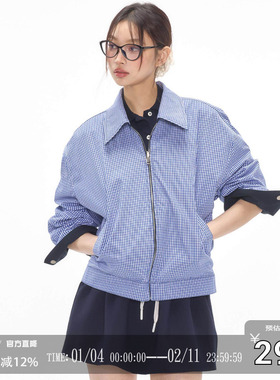 CODICE LAB 双面穿蓝色格子外套短宽松夹克百搭情侣上衣显瘦女