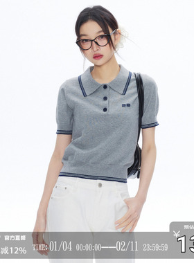 CODICE 复古韩系灰色撞色polo领针织短袖T恤修身显瘦女上衣
