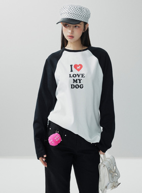 CODICE LAB 美式插肩红色撞色爱心印花套头长袖T恤女秋季显瘦上衣