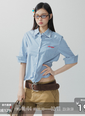 CODICE LAB 正肩蓝色条纹格子高质感7分袖短衬衫长袖外套休闲女