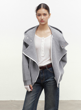 CODICE LAB 灰色不规则剪裁连帽毛呢外套大衣保暖百搭上衣秋冬季