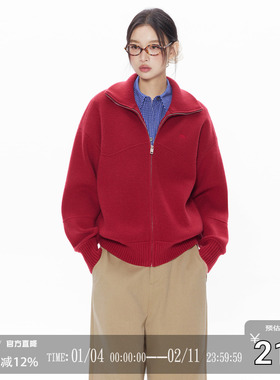 CODICE LAB 红色复古翻领宽松百搭保暖针织毛衣外套开衫上衣潮秋