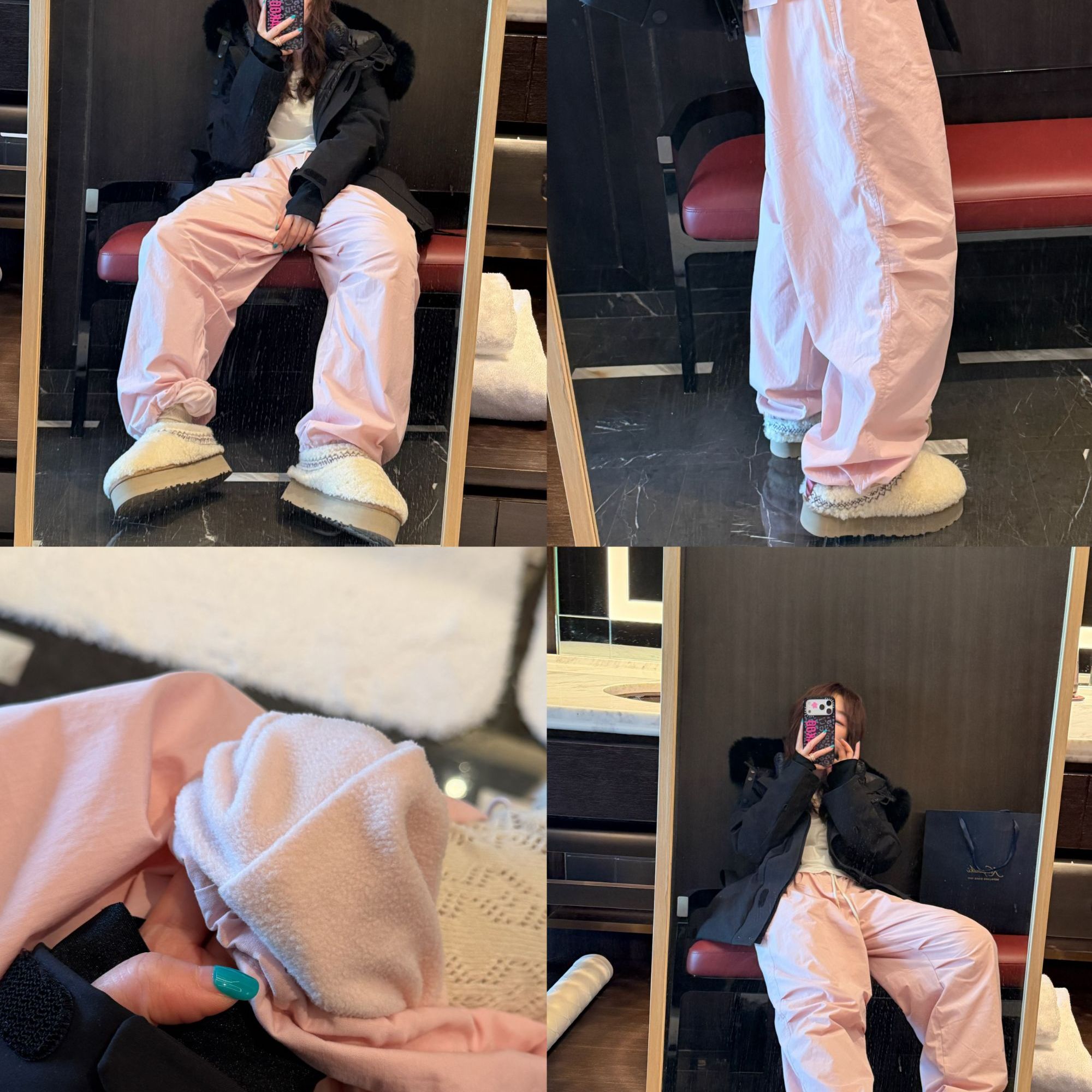 【BORAKOO】机场裤~黑/粉两色膝盖捏褶休闲加绒棉裤