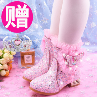 儿童高跟短靴秋冬女童靴子冰雪奇缘公主靴韩版女孩棉靴学生马丁靴