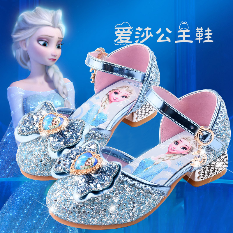 女童高跟鞋新款爱莎公主鞋冰雪奇缘水晶鞋儿童包头皮鞋表演走秀鞋