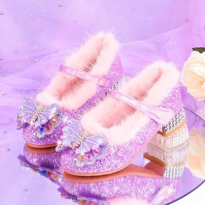 秋冬加绒保暖女童棉鞋蝴蝶结儿童高跟鞋3至12岁公主水晶鞋礼服鞋