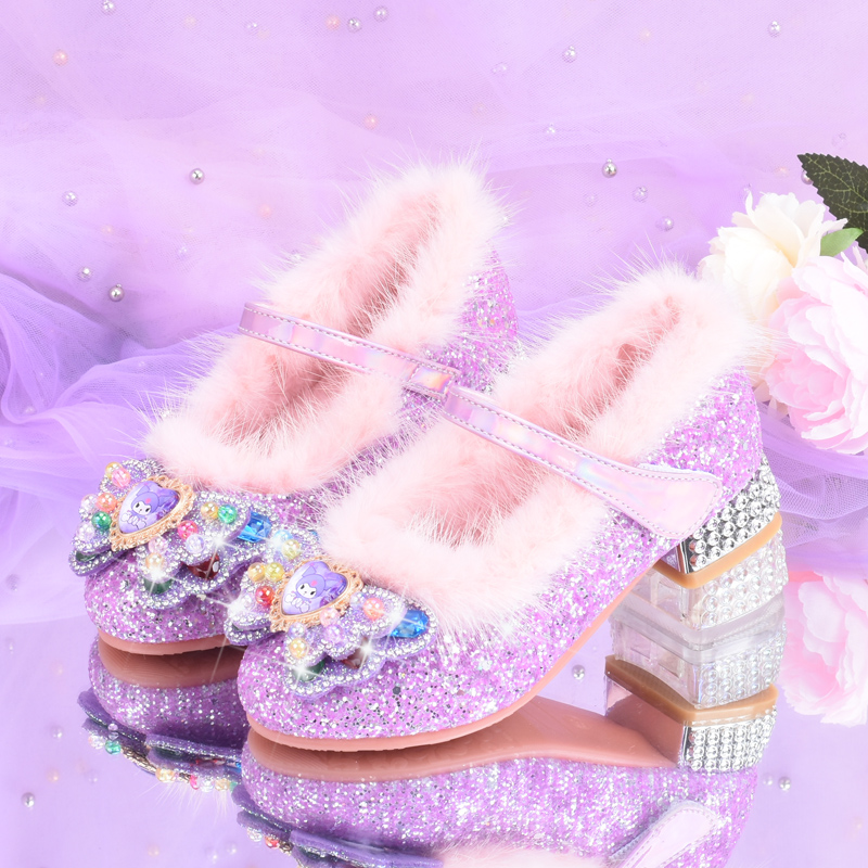 秋冬加绒儿童高跟鞋玻璃水钻公主水晶鞋柔软女孩棉鞋保暖
