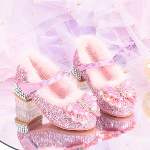 秋冬季加绒儿童高跟棉鞋女孩毛毛鞋艾莎公主鞋女童高跟鞋配礼服鞋