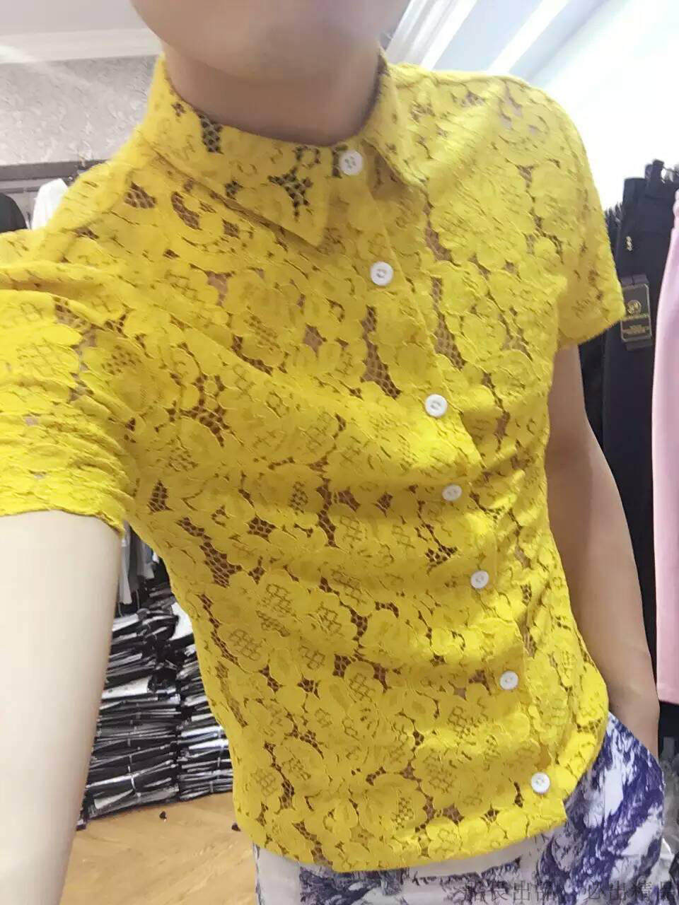 夏装男士韩版修身衬衣薄款个性蕾丝透明性感短袖衬衣潮流袖镂空男
