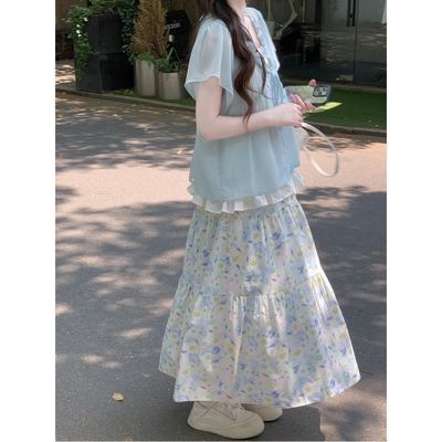 【WASEI水冰冰】蓝色清新假两件小衫搭配a字碎花半身长裙套装女夏