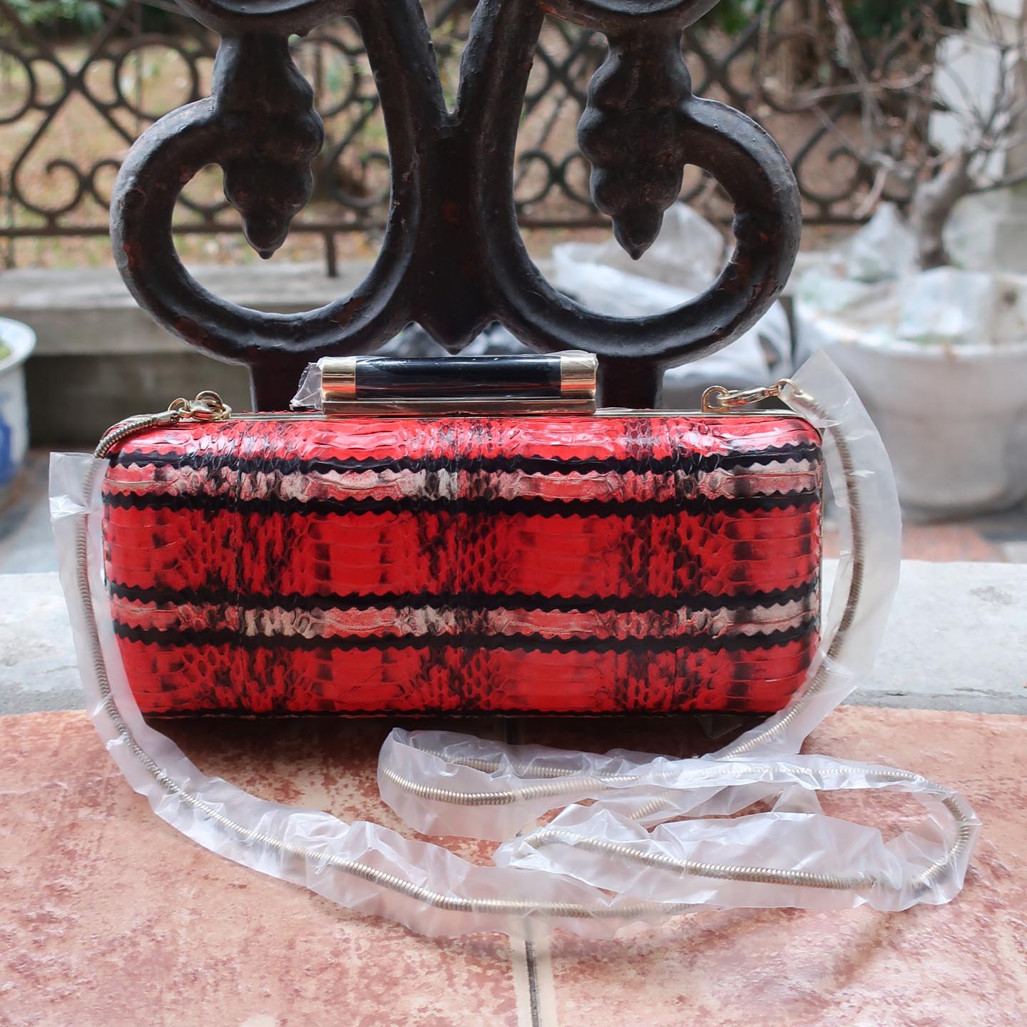 美国时装皇后D家Envelope Box绝美红色几何格纹蛇皮手拿包链条包