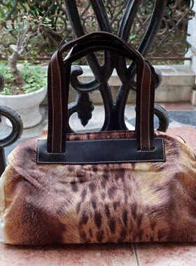 意大利FREEDOM FOR RC抽象豹纹印花轻巧尼龙布拼接牛皮三层枕头包