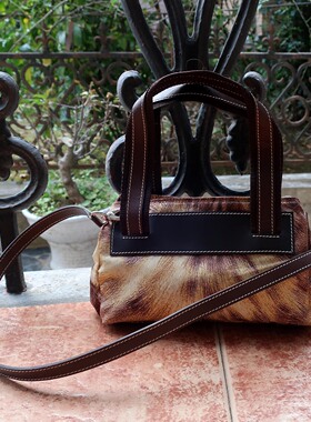 意大利FREEDOM FOR RC抽象豹纹印花轻巧尼龙布拼接牛皮二用小拎包