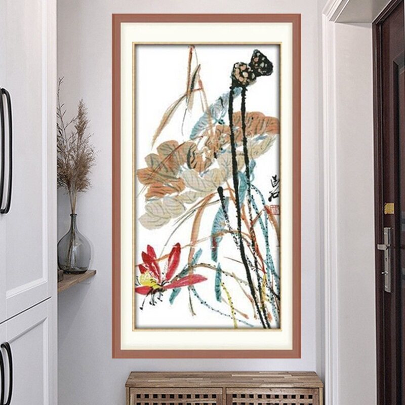 自己绣莲花十字绣齐白石的水墨荷花2026新款玄关过道国画线绣简单