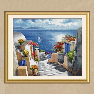 自己绣海边滨海小镇十字绣风景希腊圣托里尼浪漫爱情海石阶步道