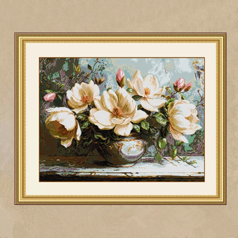自己绣神秘的木兰花十字绣2026新款复古油画花卉花瓶满绣刺绣印花