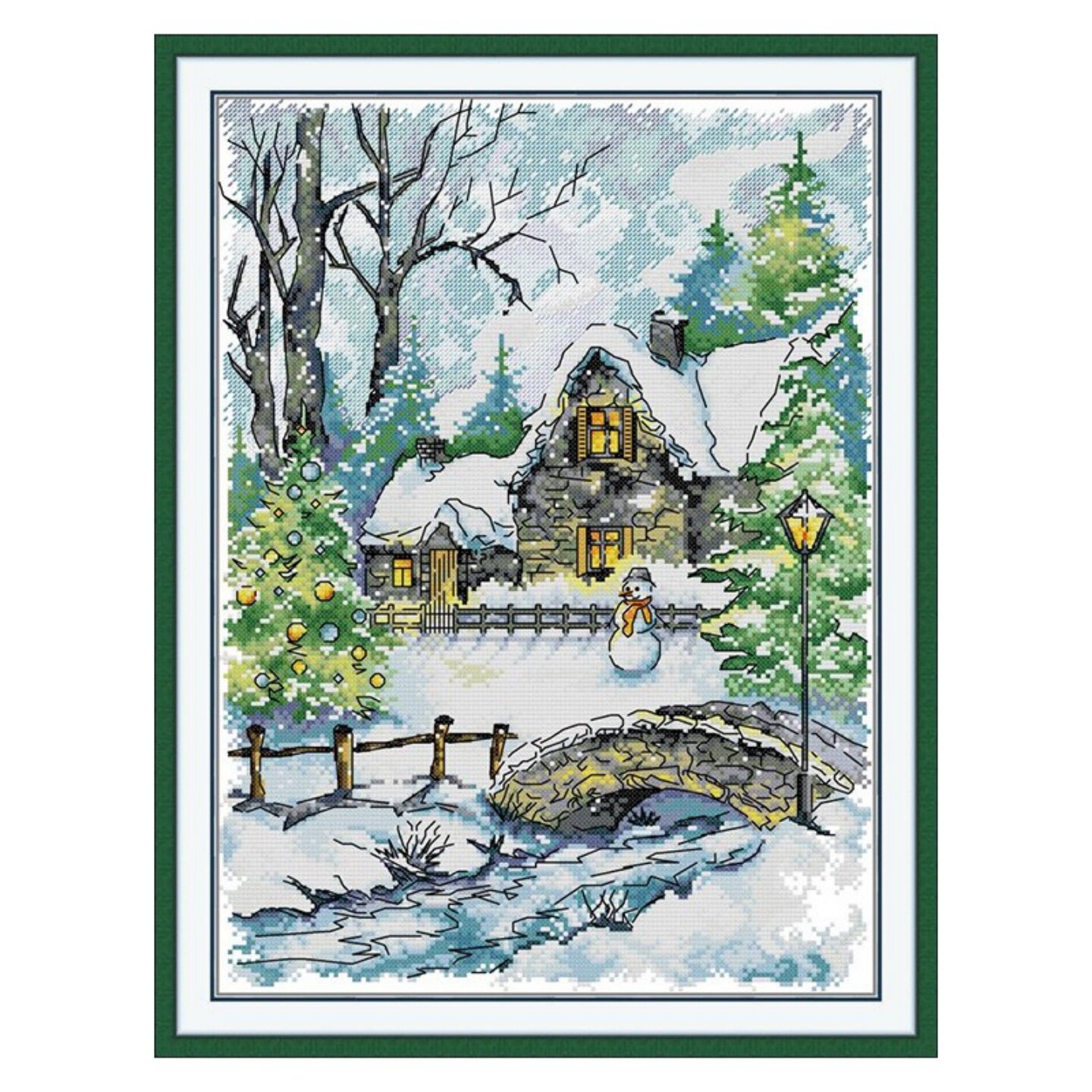十字绣冬日雪景河边乡村小屋别墅