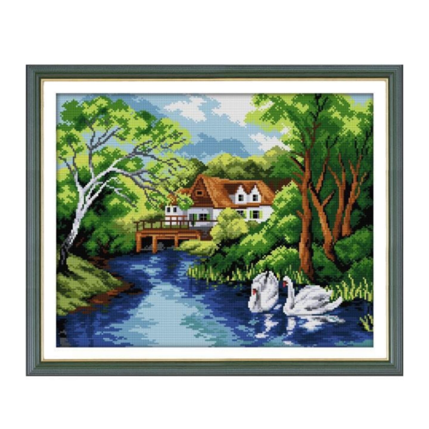 十字绣绿树小屋两只白天鹅风景