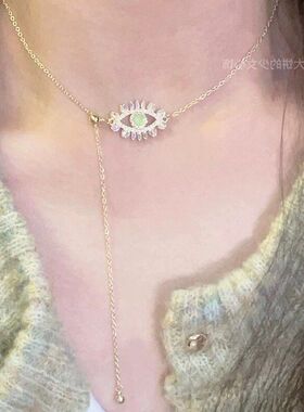项链高级感水晶宝石轻奢小众吊坠复古之眼绿色欧美恶魔设计
