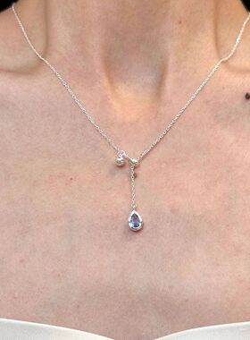 流苏可蓝色气质女锁骨抽拉式轻奢小众项链链颈链调节水滴批发配饰