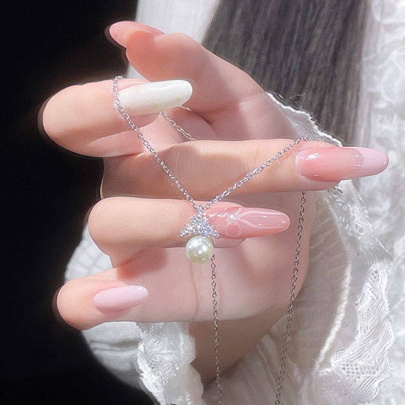 女小众锆石轻奢不锈钢链欧美锁骨吊坠气质新款仿设计项链皇冠珍珠