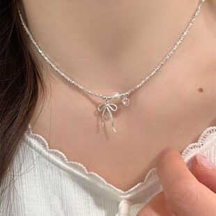 女新款 甜美气质粉钻蝴蝶结锁骨链颈链2024芭蕾超仙风碎银项链小众