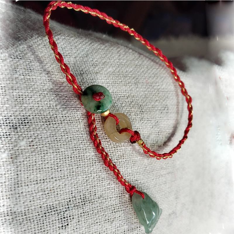 A货缅甸翡翠手工编织本命年红绳手链平安扣手珠平安环手串脚丫饰