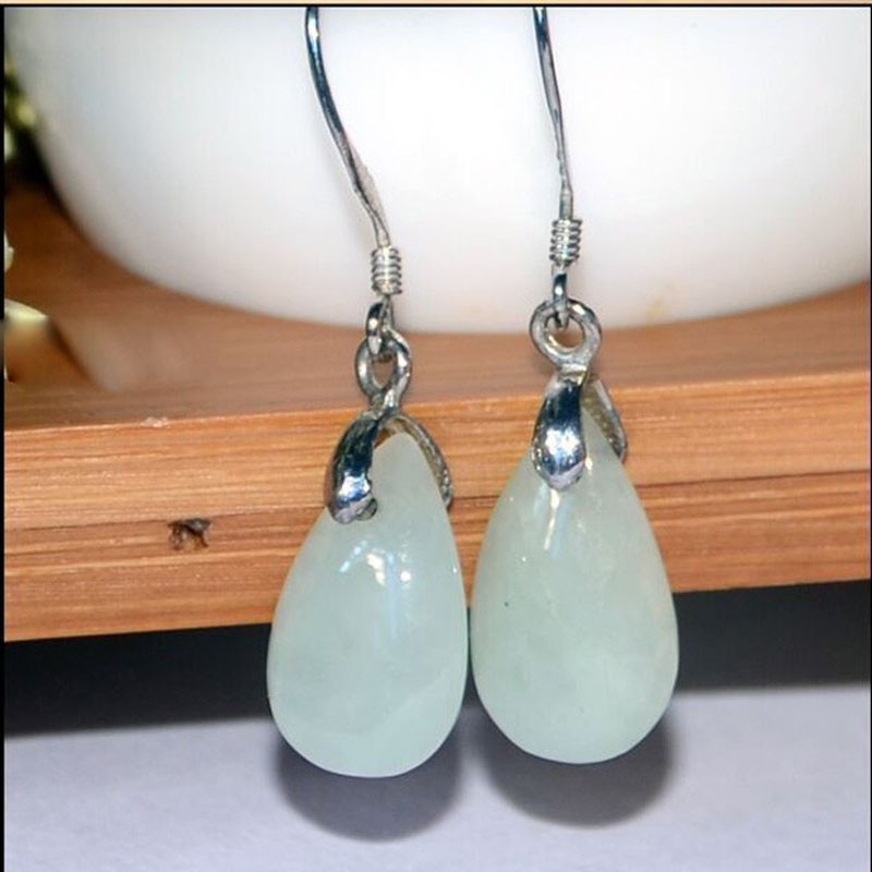 翡翠耳环耳坠A货冰润水滴耳饰925银镶嵌天然玉石翡翠原石耳钉耳线
