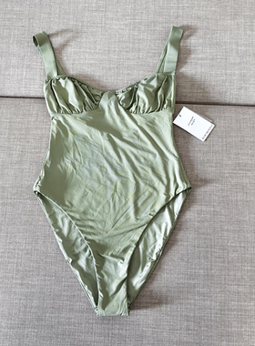欧美性感高级三角连体泳衣女军绿色个性褶皱设计显瘦海边度假泳装