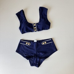 三角比基尼泳衣女潜水冲浪复古海军风牛仔蓝金属聚拢双肩显瘦度假