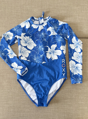 三角澳洲三角长袖连体泳衣女花朵印花蓝色显瘦泳装海滩度假青年款