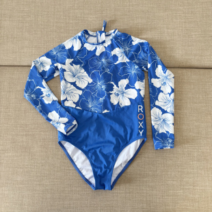 海滩度假青年款 三角澳洲三角长袖 连体泳衣女花朵印花蓝色显瘦泳装