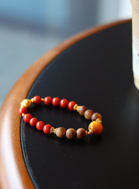 原创国风天然沉香南红虎眼石手链女款单圈时尚百搭民族风饰品礼物